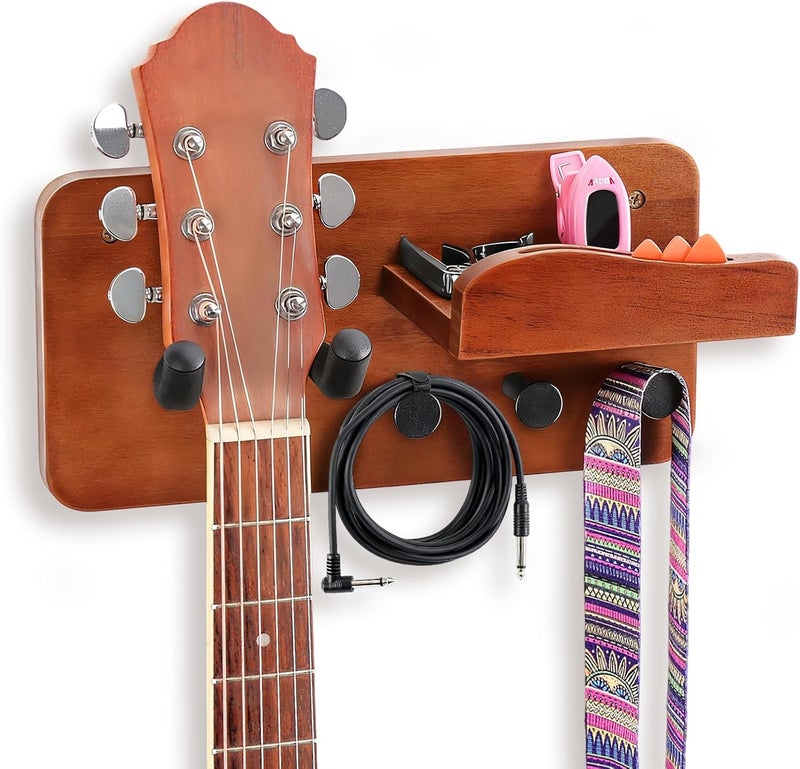 Outink Guitar Wall Mount Shelf with Pick Holder, Walnut Wood Guitar Hanger Rack with Rotatable Yoke and 3 Storage Hooks for Acoustic, Electric, Bass, Ukulele - Image 1